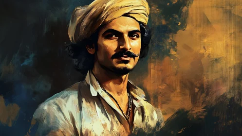 Portrait of confident man in turban with warm painted tones.