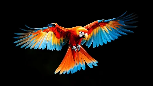 Vibrant Scarlet Macaw in Flight Against Black Background, Realistic Style.