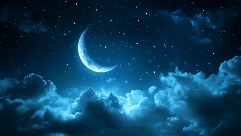 Moonlit crescent cradles quiet stars above roaming clouds