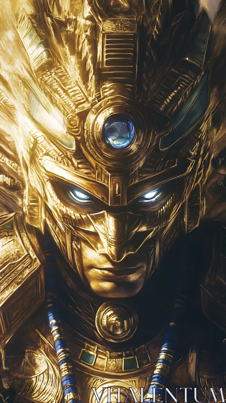 Golden cyber-pharaoh portrait with luminescent ocular cores.