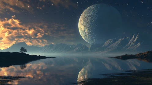 Moonrise over glassy alien fjord in twilight silence.