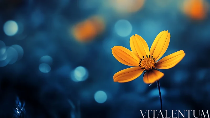 Golden Cosmos Flower Against Deep Blue Bokeh Background.