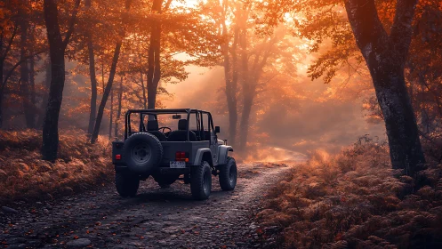 Jeep vehicle positioned on forest road beneath autumn canopy