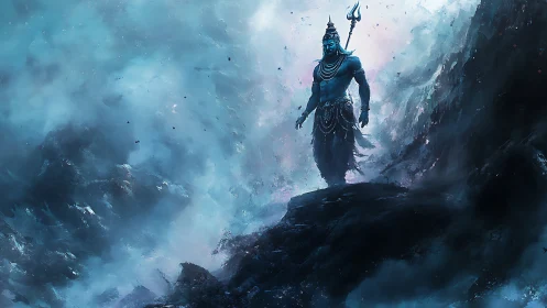 Storm-lit blue deity stands on jagged cliffs amid volumetric mist