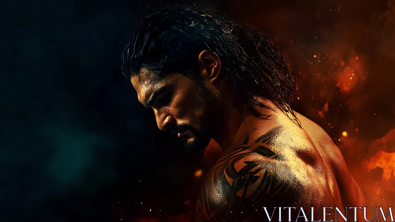 Warrior portrait isolates muscular figure against infernal bokeh lighting