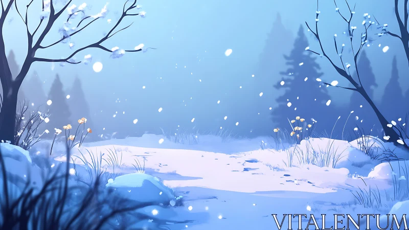 Snowy forest path lies quiet beneath drifting winter light.