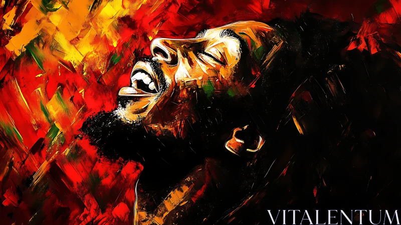 Portrait of ecstatic singer painted in vivid red and gold