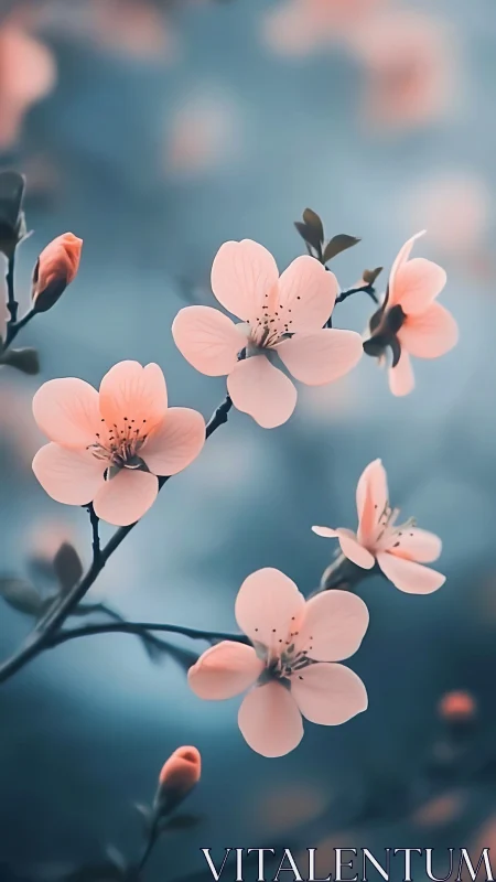 Soft Pink Cherry Blossoms Against Blue Sky.