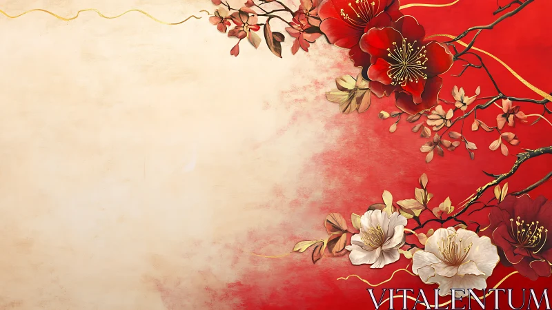 Red floral branches frame beige textured background space