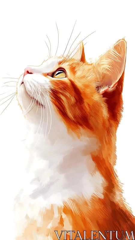 Orange and White Tabby Cat Portrait in Upward Gaze Digital Painting