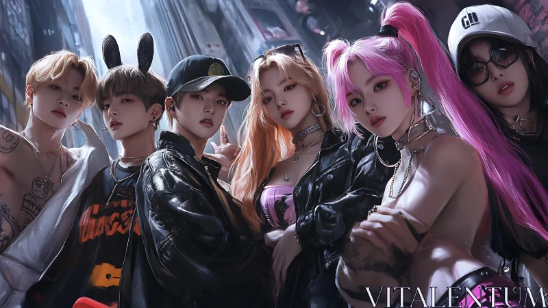 Urban street group portrait in stylized digital rendering.