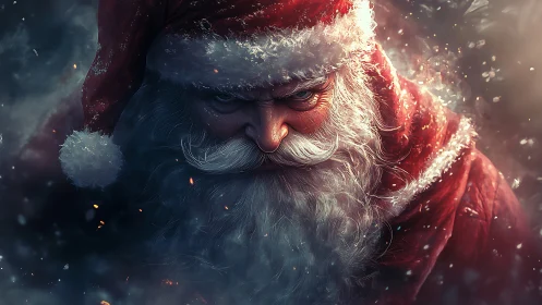 Intense Santa Claus portrait shows dramatic, moody expression