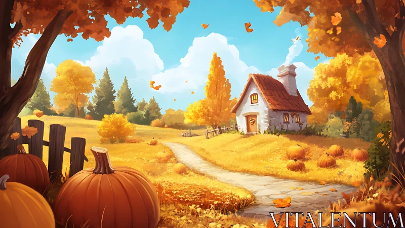 Autumn cottage landscape illustrates stylized seasonal warmth
