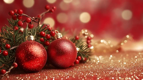 Cozy red Christmas ornaments sparkling in soft holiday light.