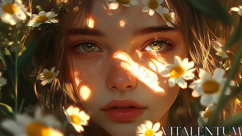 Digital portrait of young woman framed by white daisies.