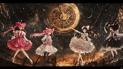 Anime quartet beneath ruined celestial clockwork in motion.