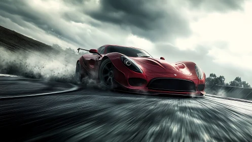 Red sports car drifts aggressively on wet racetrack surface