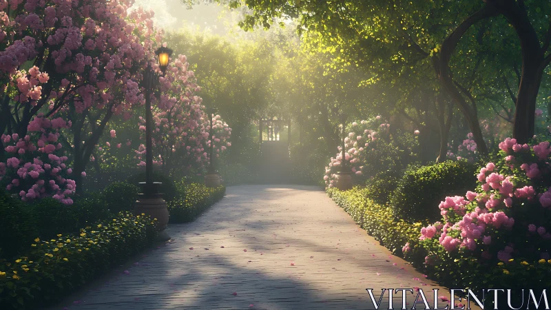 Sunlit garden path with blooming pink flowers and lamp posts.