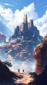 Towering desert mesa dominates mist-filled canyon vista.