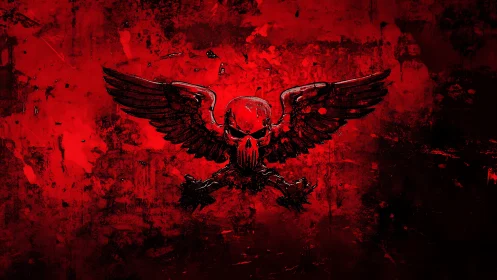 Winged skull sigil over splattered crimson battlefield.