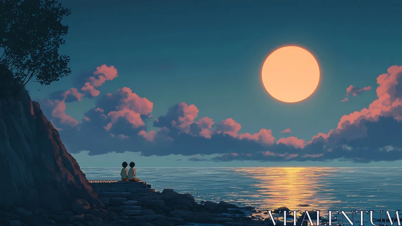 Two figures on coastal steps under large moon over sea.