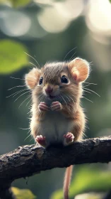 Small brown mouse sits on branch against blurred forest bokeh