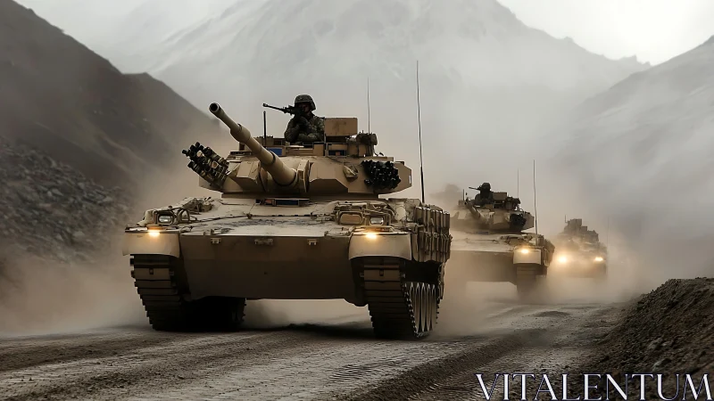 Main battle tanks advance in staggered column through dusty valley terrain
