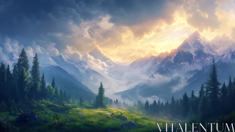 Sunlit alpine meadow opens toward misty snow peaks.