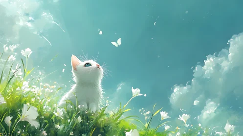 A Curious White Kitten Watches Butterflies Dance Above Flowers