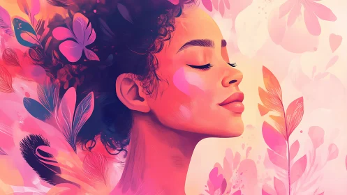 Side profile digital portrait integrates floral abstract elements