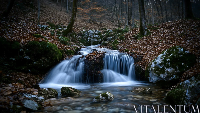 Long-exposure forest cascade with autumnal leaf littered banks.