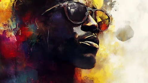 Stylized portrait of man in sunglasses with abstract colors.