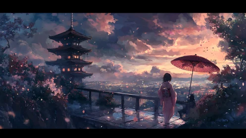 Kimono figure overlooking city near pagoda at dusk.