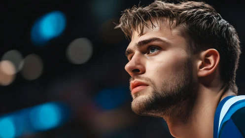 Focused male athlete in close-up arena portrait lighting.