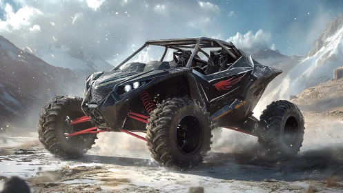 3D off-road buggy render with dynamic alpine terrain composition.