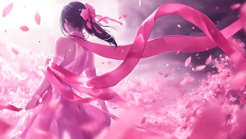 Girl in flowing pink ribbons amid cherry blossoms.