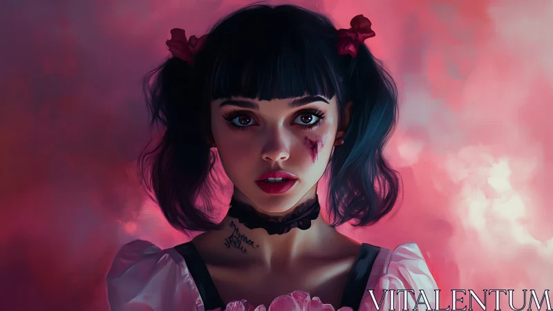 Young woman with bruised face stares forward against pink haze