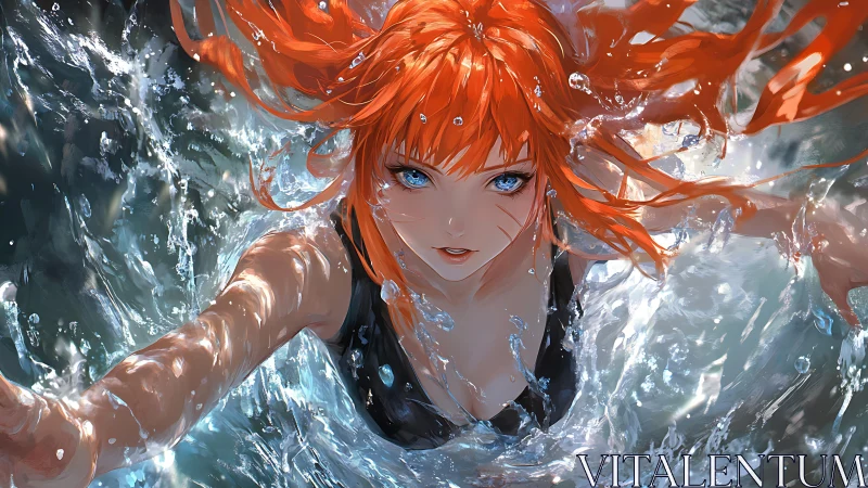 Fiery haired swimmer surges upward through crashing water