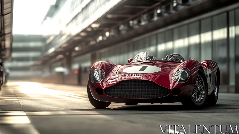 Sunlit vintage race car waiting quietly on the pit lane.