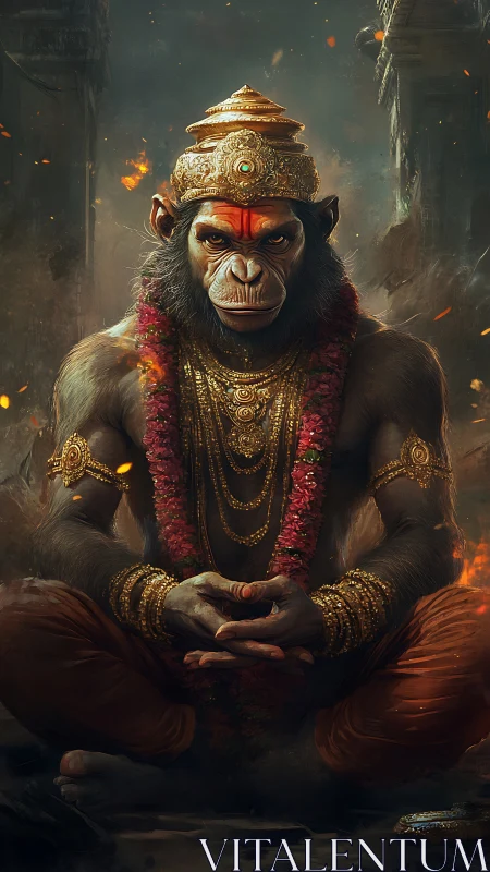 Firelit simian deity in crimson garlands at ruined temple.
