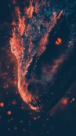 Volumetric-lit dragon head close-up with ember particle field