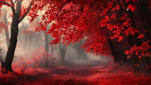 Digital painting of crimson forest path with atmospheric haze.