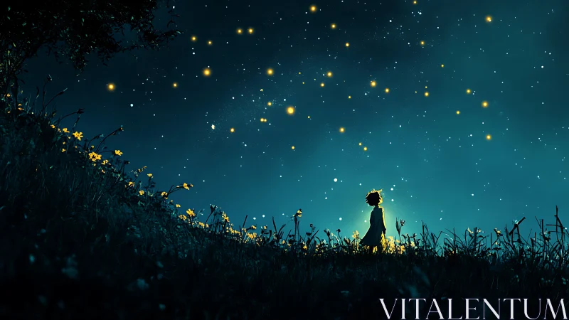 Backlit child silhouette observes dense starfield and fireflies
