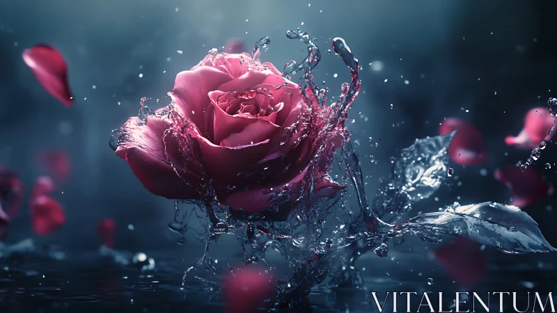 Pink Rose Enveloped in Dynamic Water Splash Against Deep Blue Gradient