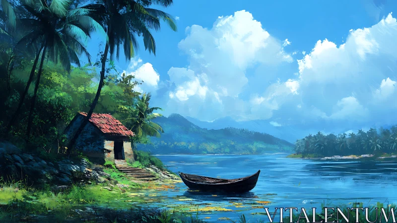 Tropical River Refuge: Boat by Coastal Dwelling.