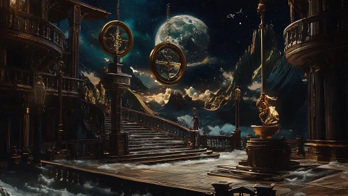 Moonlit celestial palace with stairway to the stars.