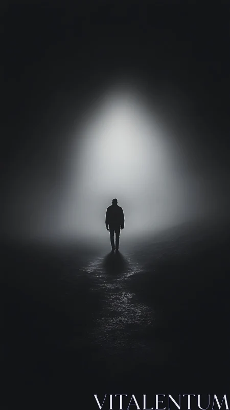 Solitary figure walks toward a distant light in dense fog