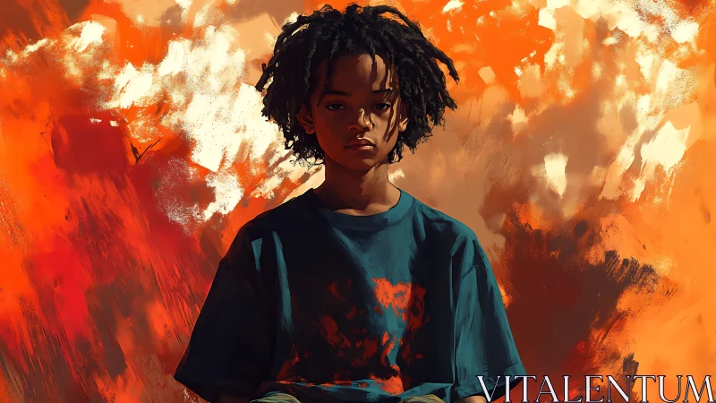 Quiet young dreamer framed by glowing orange brushstrokes.