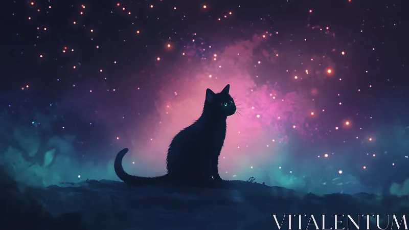 Stargazing midnight cat bathing in nebula-kissed twilight.