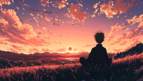 Anime sunset landscape with contemplative figure in silhouette.
